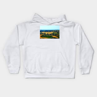 Rural view in Acquaviva Picena with rugged Marche landscape, meadows, ravines and scattered houses Kids Hoodie